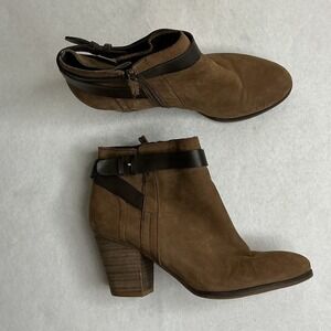 Franco‎ Sarto Dotty Brown Ankle Boots Leather Wrap Buckle Block Heel 9.5M